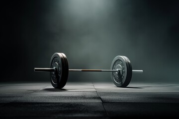 Heavy-Duty Weightlifting Barbell on Gym Floor with Weight Plates for Intense Strength Training Workouts and Powerlifting Sessions