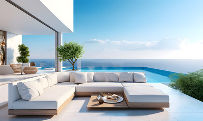 Fototapeta premium A large living room in a modern house or luxury villa with a pool. Vacation at sea.