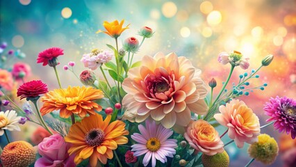 Fototapeta premium Vibrant colorful blooming flowers arranged artfully on a soft pastel background with gentle blurred petals and subtle natural textures.