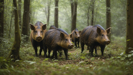 A group of  wild boar  are standing in a forest.