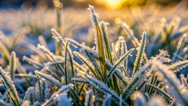 Frosty winter morning macro captures icy cold weather background concept with frozen dew-kissed grass on serene snow-covered fields with plenty of copy space.