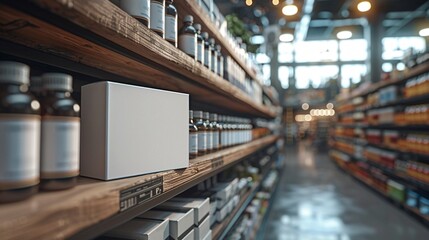 Blank Product Box on Store Shelf with Bottles and Jars in Blurred Background.