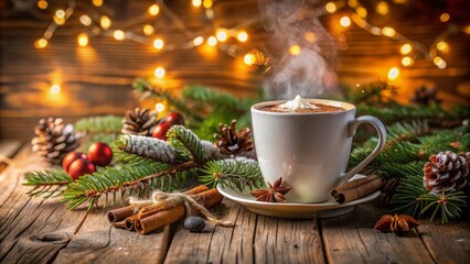 Warmly lit festive backdrop with twinkling lights, steam rising from a white cup of hot chocolate on a wooden table.