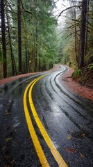 Obraz premium Hailstorm on a Winding Road with Yellow Line in a Forest. Ideal for Travel, Scenic Routes, and Outdoor Adventures. Perfect for Seasonal Themes like Summer, Autumn, Spring, and Four Seasons. AI-Generat