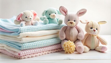 Fototapeta premium Adorable infant essentials, soft toys, and pastel-colored blankets arranged artfully on a pristine white background, evoking warmth and innocence.