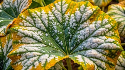 Fototapeta premium Closeup of a pumpkin leaf affected by powdery mildew, exhibiting white fuzzy patches and yellowish discoloration, symbolic of fungal infection.