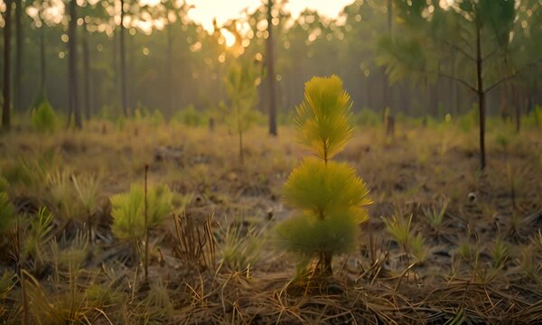 A seedling longleaf pine grows in a clearing among a managed longleaf pine forest in Francis Marion National Forest, South Carolina 4K Video