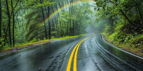 Obraz premium Rainy Day with Rainbow over a Winding Road with Yellow Line in a Forest. Ideal for Travel, Scenic Routes, and Outdoor Adventures. Perfect for Seasonal Themes like Summer, Autumn, Spring, and Four Seas