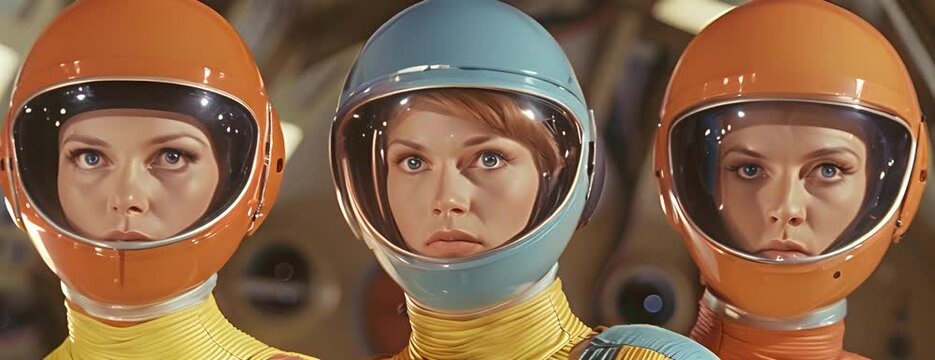 Group of three science fiction actors on set of a cheesy television show or movie in the 1970s. Colorful uniform with helmet and mask. 4K Video