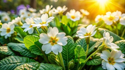 Delicate white primrose flowers bloom vibrantly amidst lush green foliage in a serene and sunny spring garden landscape background.
