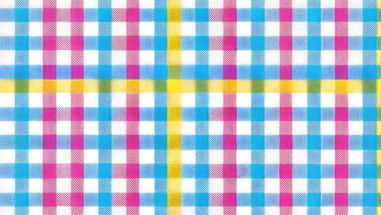 Vibrant multicolored gingham pattern featuring blue, pink, yellow, and white checks on a white background, perfect for spring and summer designs.