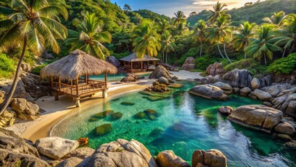 Secluded tropical beach cove featuring private cabanas, natural rock pool, and rustic driftwood bar, exuding serene paradise ambiance.