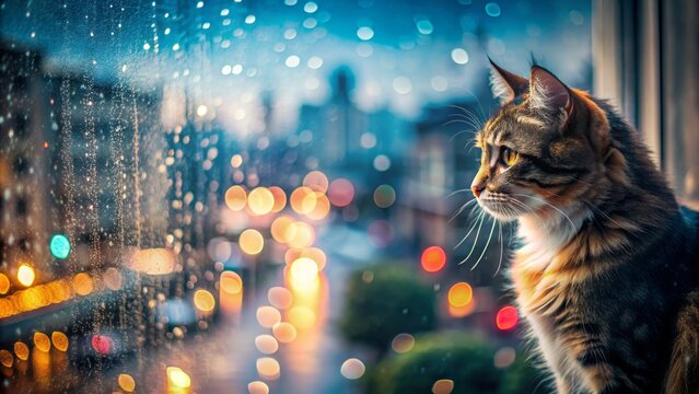 Melancholic feline figure gazing wistfully out rainy windowpane, solitary and forlorn against blurred, wet urban scenery background atmosphere.