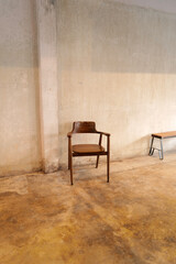 Interior design and decoration at coffee cafe, bakery bar and grocery store decorated with wooden furniture in industrial loft style