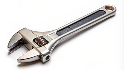 Obraz premium Single adjustable wrench tool with metal body and rubber grip laid flat on a clean white surface alone.