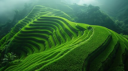 An aerial view of lush, green rice terraces carved into a hillside, creating a mesmerizing pattern. 