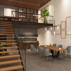 3d render of modern loft interior design living, dining, pantry and work area with frame mock up. Gray cement tile floor, white wall and wood ceiling. Set 4