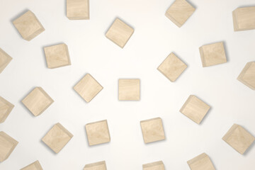 Flat lay image with 3D plain wooden cubes scattered around