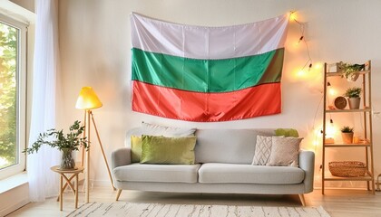 The flag of Bulgaria hangs in the living room at home. The flag is in house.
