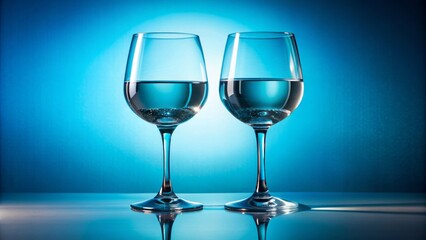 Two elegant wine glasses filled with crystal clear water on a bright blue background, symbolizing a sophisticated sober celebration alternative.