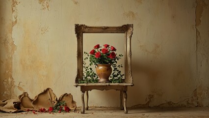 Vintage Frame and Roses in a Distressed Room.