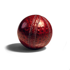 A red cricket ball with prominent seams on a white surface, casting a soft shadow