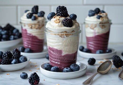 Yogurt Parfait With Granola and Berries on a Marble Surface