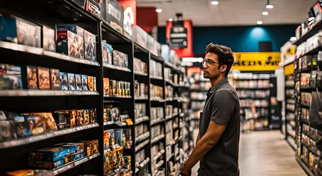 Young man in a comic store.
