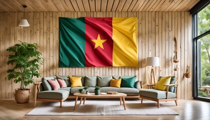 The flag of Cameroon hangs in the living room at home. The flag is in house.