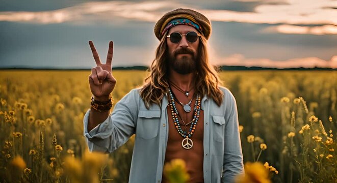 Hippie man making the peace sign.