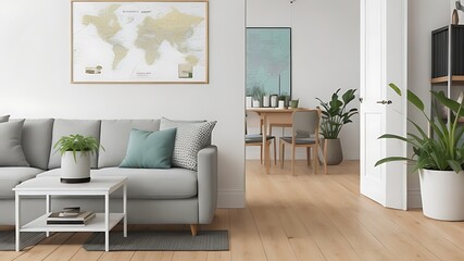 Stylish scandinavian living room with design mint sofa, furnitures, mock up poster map, plants and elegant personal accessories.
