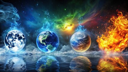 An ethereal image of the five elements of nature including air, water, fire, earth, and space ,...