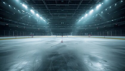 An empty hockey rink with bright lights shining down