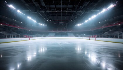 An empty ice hockey rink, illuminated by bright spotlights