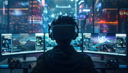 Obraz premium A person wearing a VR headset sits in front of three computer monitors displaying a futuristic cityscape
