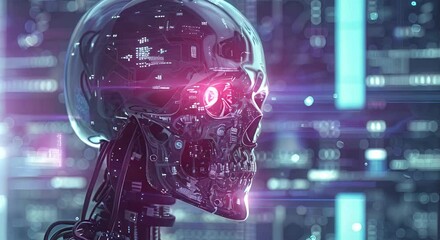A robot head with a red eye and a skull on its face. The robot is surrounded by a cityscape with buildings and lights. Scene is futuristic and somewhat eerie - Powered by Adobe