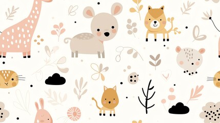 Obraz premium Minimalist art seamless pattern, hand-drawn wildlife animals in soft pastel colors