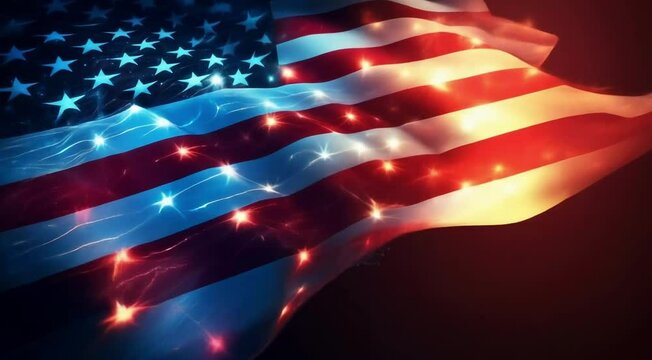 American flag waving and glowing with glowing red, white, and blue lines on a dark background. Neon futuristic style. Flag Day and 4th of July Independence Day