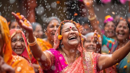 Obraz premium Elderly Indian woman celebrating in the rain with a wide smile and arms outstretched, surrounded by women in colorful saris