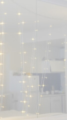 cozy bedroom with bokeh garland lights, background