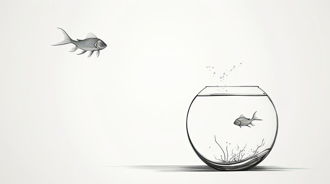 recommend clip art: A minimalist line art drawing of a fishbowl and a single fish, capturing the essence of form and movement with simplicity and elegance