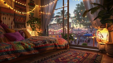 Obraz premium A guest room with a vibrant, festival theme, featuring a bed with colorful, ethnic bedding, string lights, boho decor, and a large window with a view of a lively street festival.