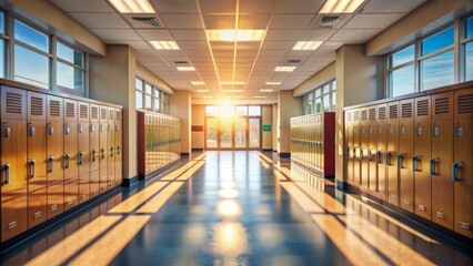 Obraz premium Empty school hallway with lockers, classrooms, and bulletin boards, illuminated by natural light, conveying a sense of inclusivity and diversity.