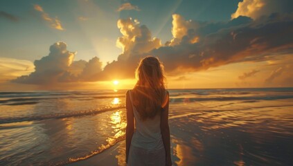 Fototapeta premium Horizon stretches beyond sight, mirroring the boundless joy within her heart.