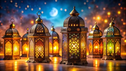 Fototapeta premium Vibrant ornate lanterns adorned with golden Arabian patterns illuminate a serene backdrop celebrating the sacred Muslim holy month of Ramadan.