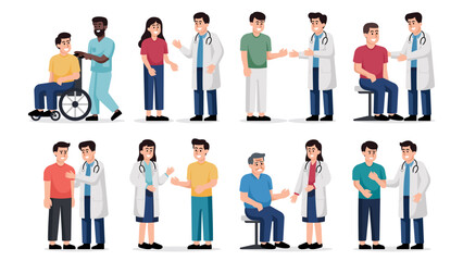 A series of cartoon images of doctors and patients. The mood of the images is lighthearted and friendly