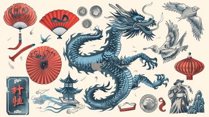 Fototapeta premium Design elements of China travel and oriental culture featuring a blue dragon and red paper lantern, folding fan and a chinaman wearing a bamboo hat. Chinese sketches with hieroglyphs and coins.
