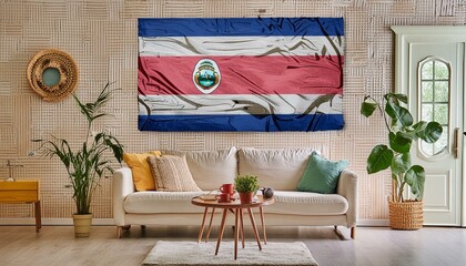 The flag of Costa Rica hangs in the living room at home. The flag is in house.
