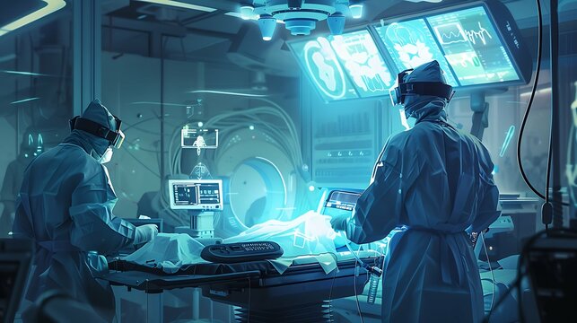 Medical professionals in AR headsets work in operating room using holographic display. 3D graphics of virtual human skeleton and organs. Technology of AI-assisted surgery. Healthcare innovation.