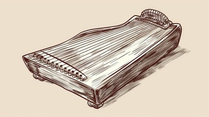 Isolated sketch of contemporary chord zither with stringed wooden object.